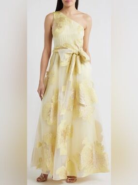 NEW ELIZA J One-Shoulder yellow Brocade belted Ballgown sz 4